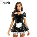 Cute Patent Leather French Maid Costume - Wet-Look Lace Roleplay Dress
