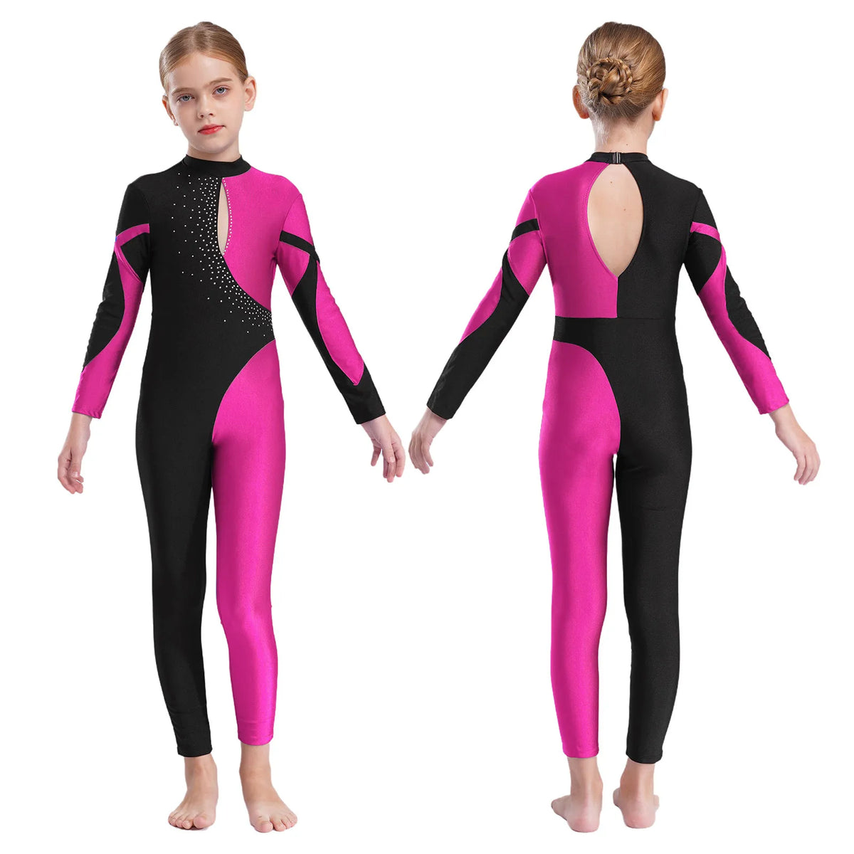 Girls Rhinestone Figure Skating Jumpsuit - Backless Gymnastic Leotard