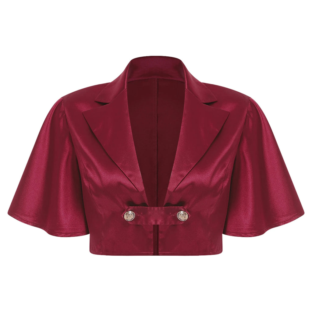Women's Victorian Satin Cropped Blazer - Flounce Sleeve Rave Coat