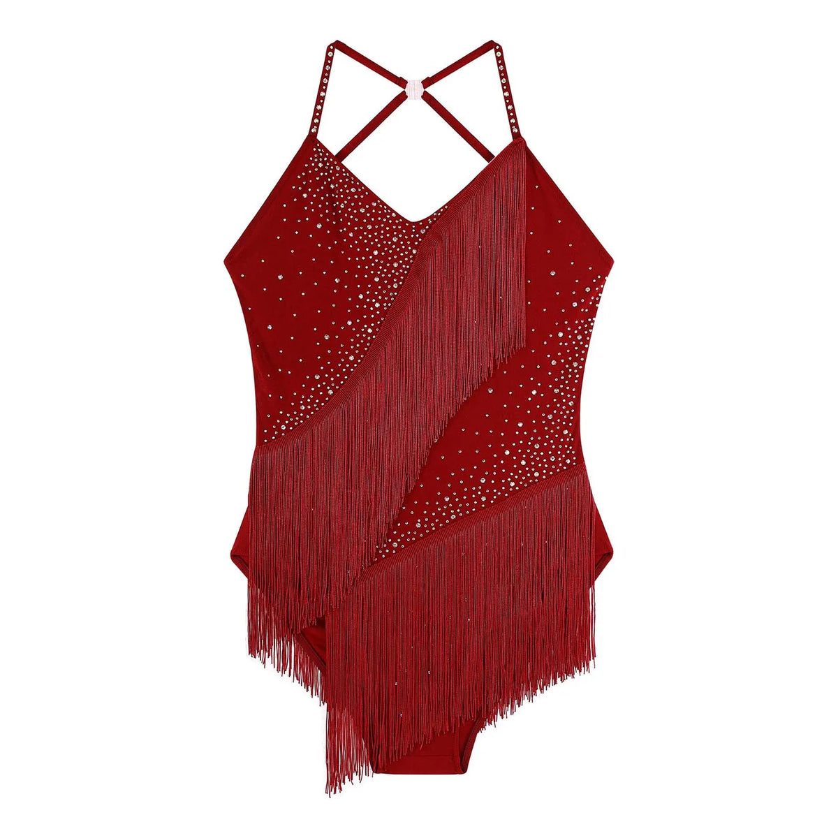 Girls' Rhinestone Skating Leotard Jumpsuit - Back Cutout Tassel