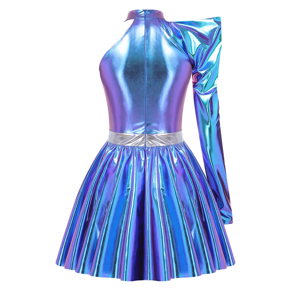 80s Metallic One-Shoulder Mini Skater Dress - Disco Cosplay Costume