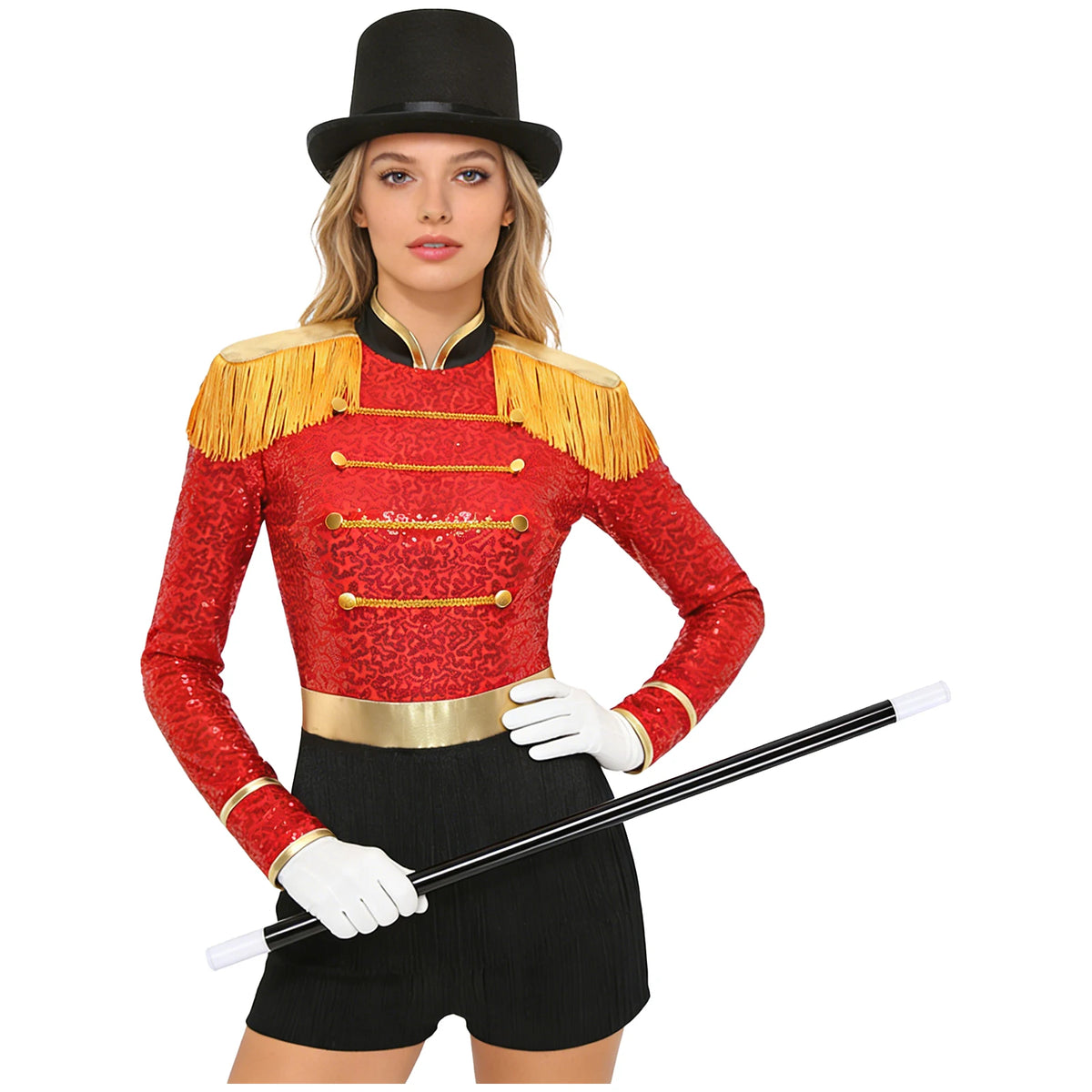 Circus Ringmaster Majorette Costume Set - Sequined Bodysuit with Hat & Wand