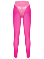 Y2K Glossy PU Leather Pants Set - Lace-Up Top & Sheer Mesh Leggings
