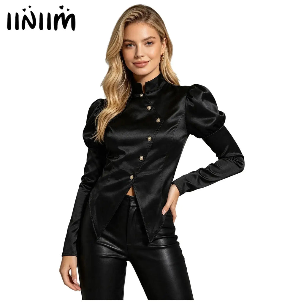 Women's Victorian Circus Ringmaster Satin Blazer - Puff Sleeve Top