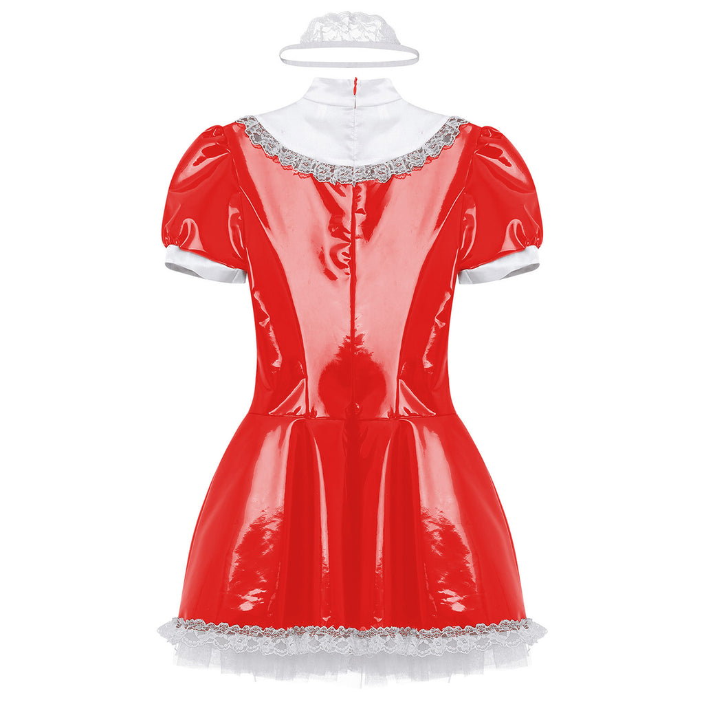 Cute Patent Leather French Maid Costume - Wet-Look Lace Roleplay Dress