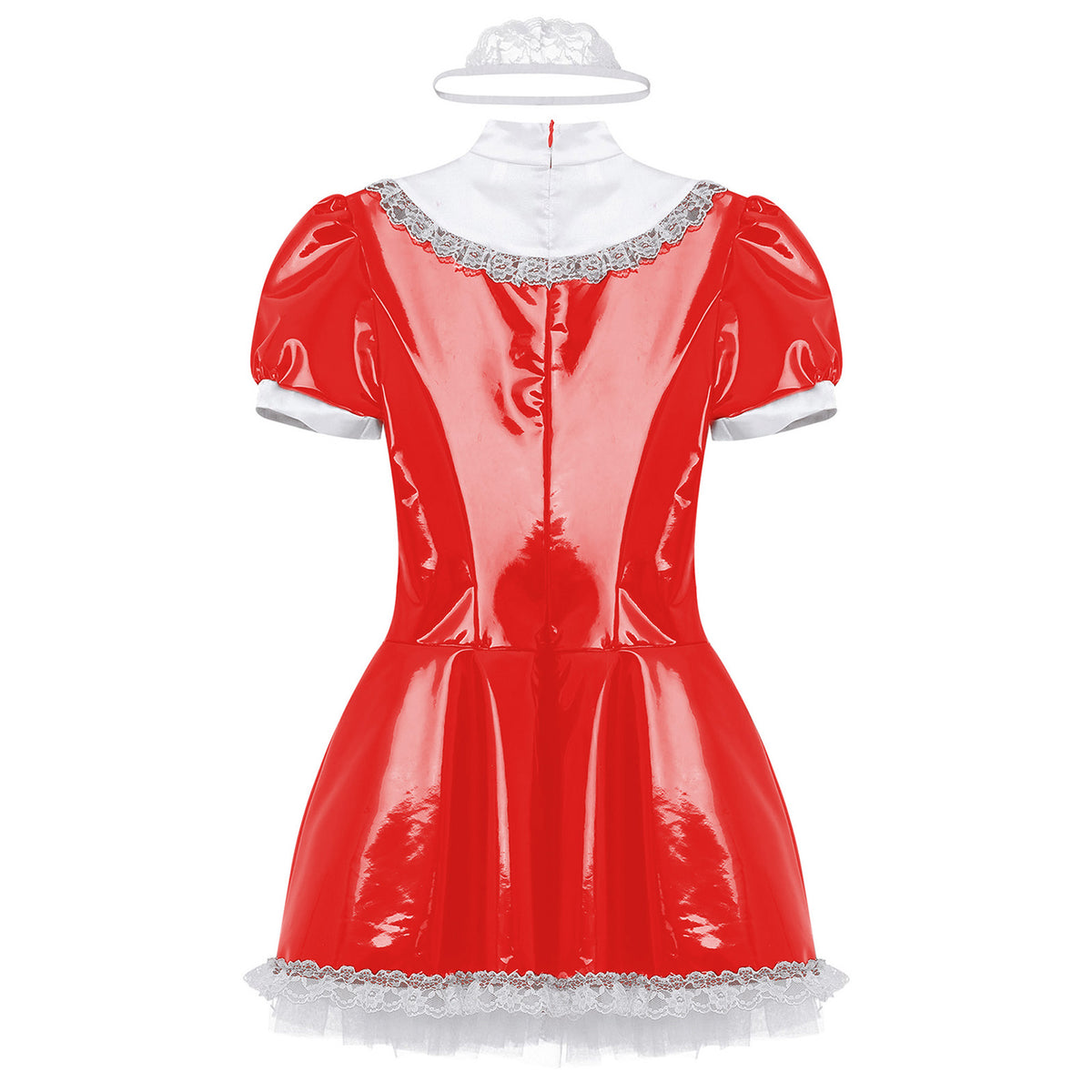 Cute Patent Leather French Maid Costume - Wet-Look Lace Roleplay Dress
