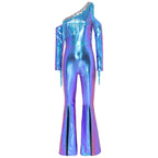 Women's Metallic Sequin Fringe Flare Jumpsuit - One-Shoulder Retro Disco