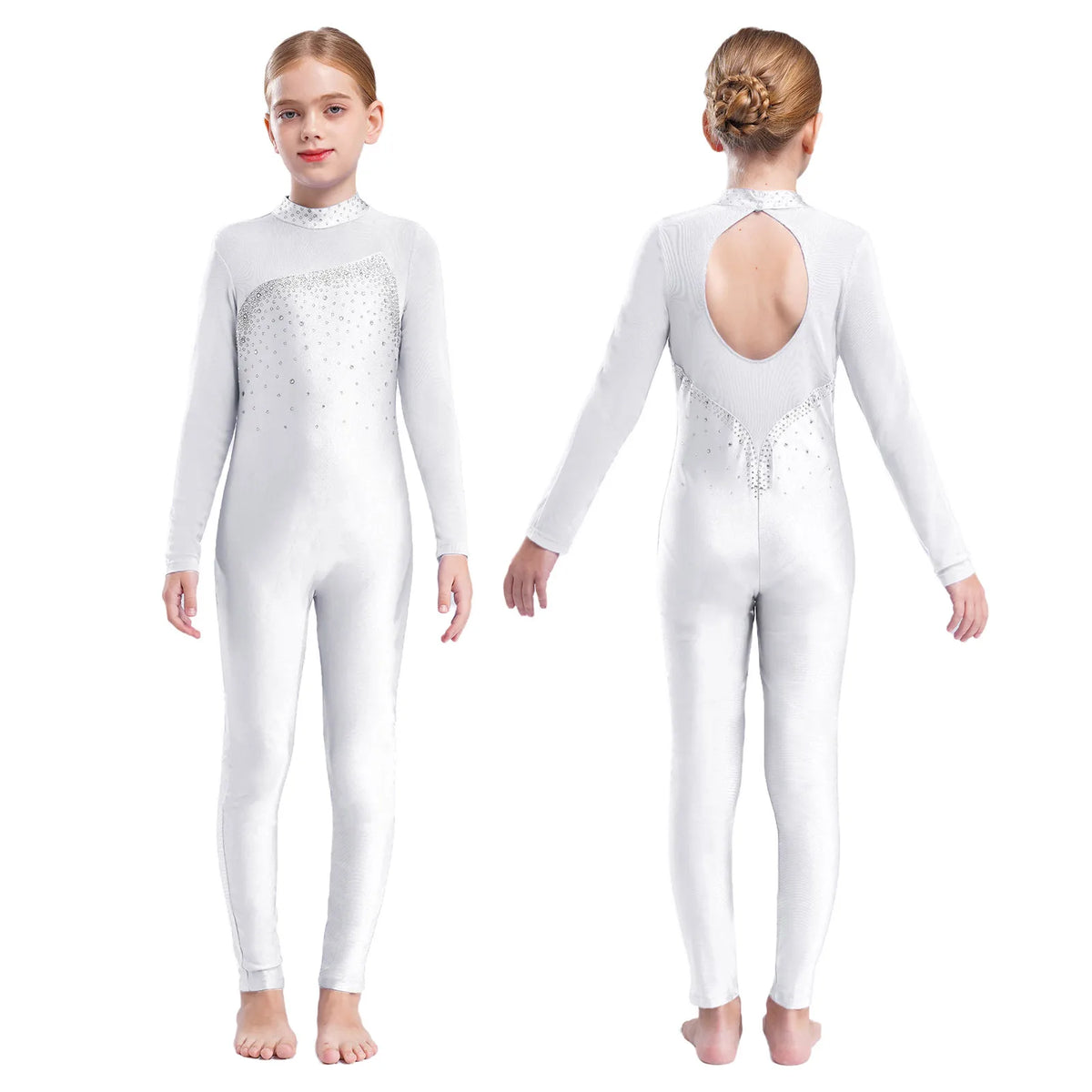 Girls Rhinestone Figure Skating Jumpsuit - Backless Gymnastic Leotard