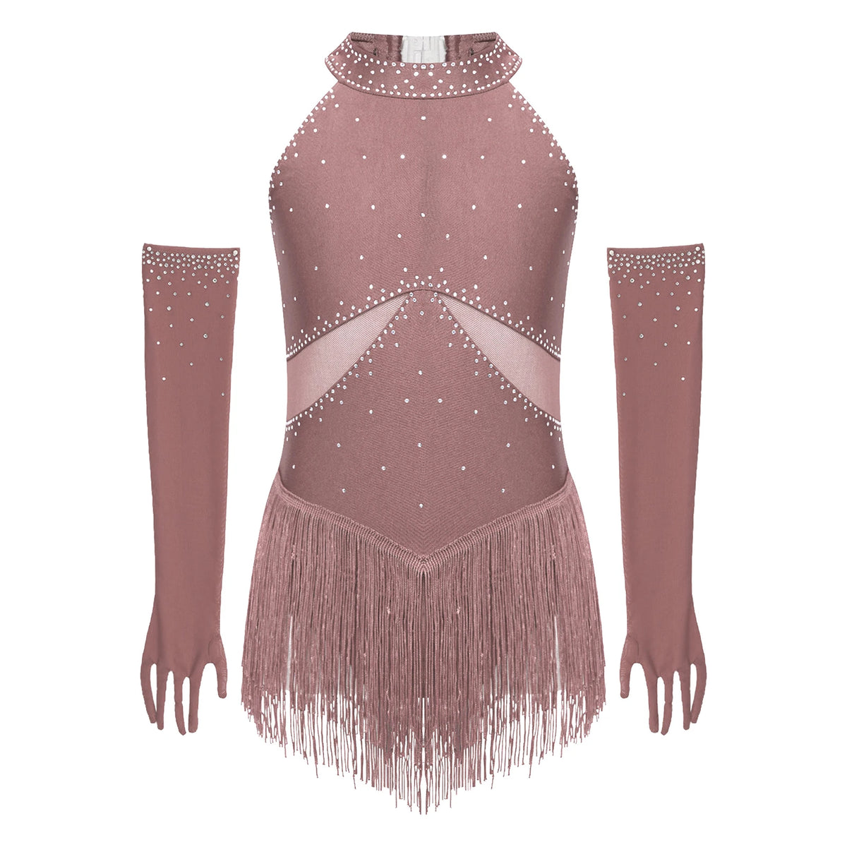 Girls Rhinestone Figure Skating Leotard - Fringe Dress with Gloves