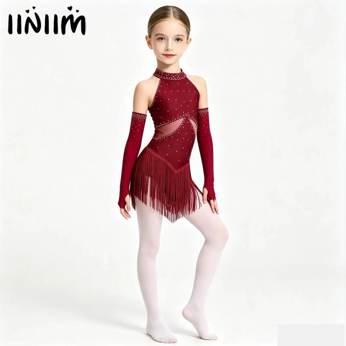 Girls Rhinestone Figure Skating Leotard - Fringe Dress with Gloves