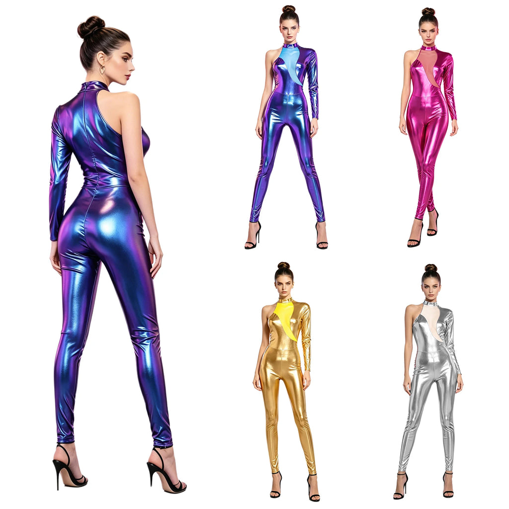 Women's Holographic Mesh Asymmetric Jumpsuit - One-Sleeve Catsuit