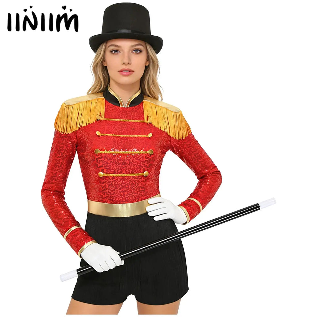 Circus Ringmaster Majorette Costume Set - Sequined Bodysuit with Hat & Wand