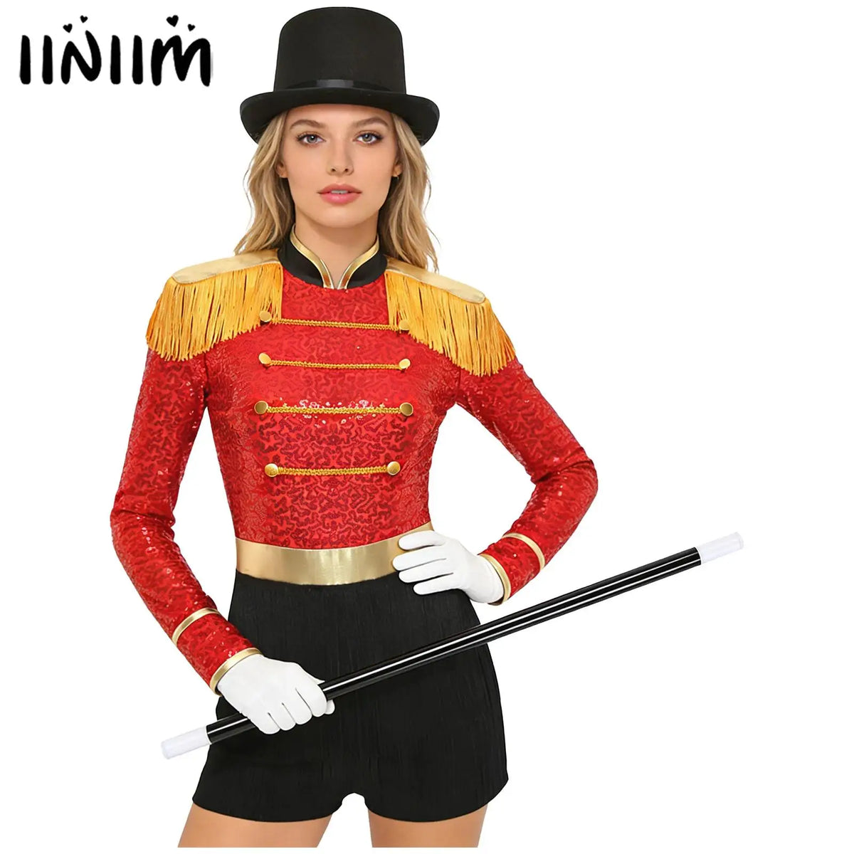 Circus Ringmaster Majorette Costume Set - Sequined Bodysuit with Hat & Wand