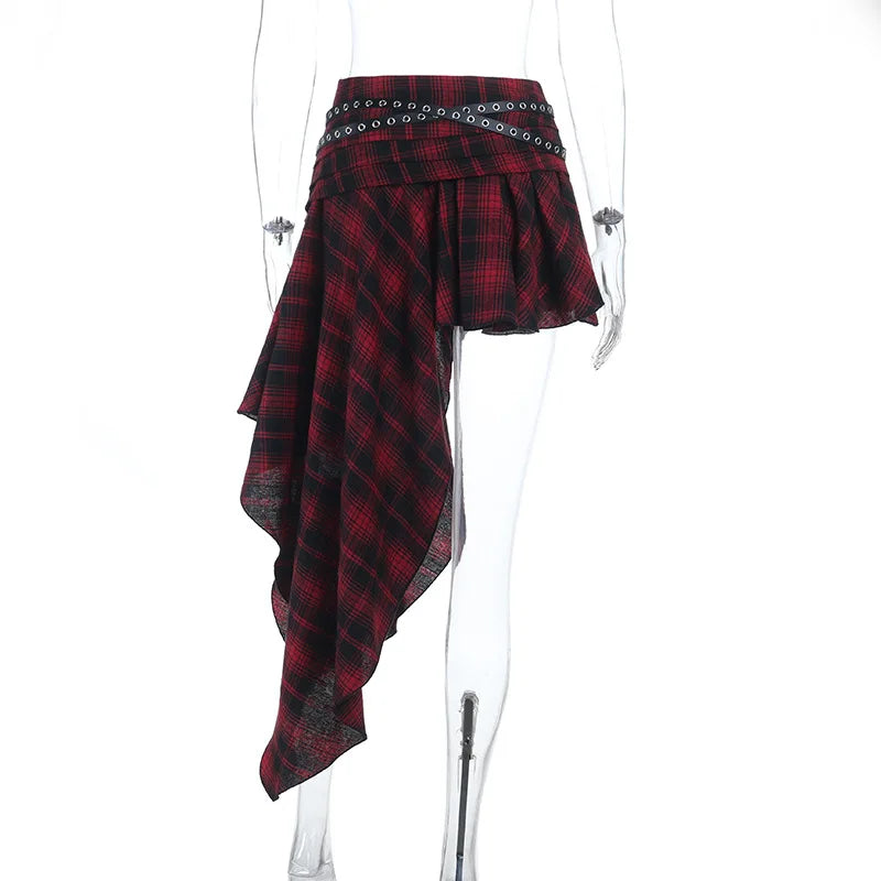 Dark Mall Goth Plaid Asymmetrical Belted Mini Skirt