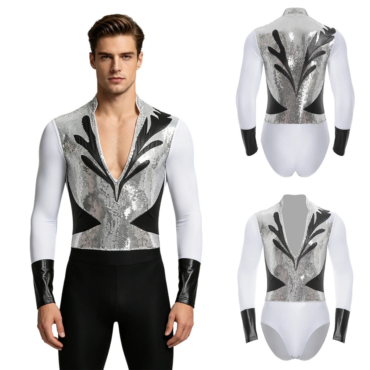Men's Rhinestone Latin Dance Leotard - Skating & Ballroom Shirt
