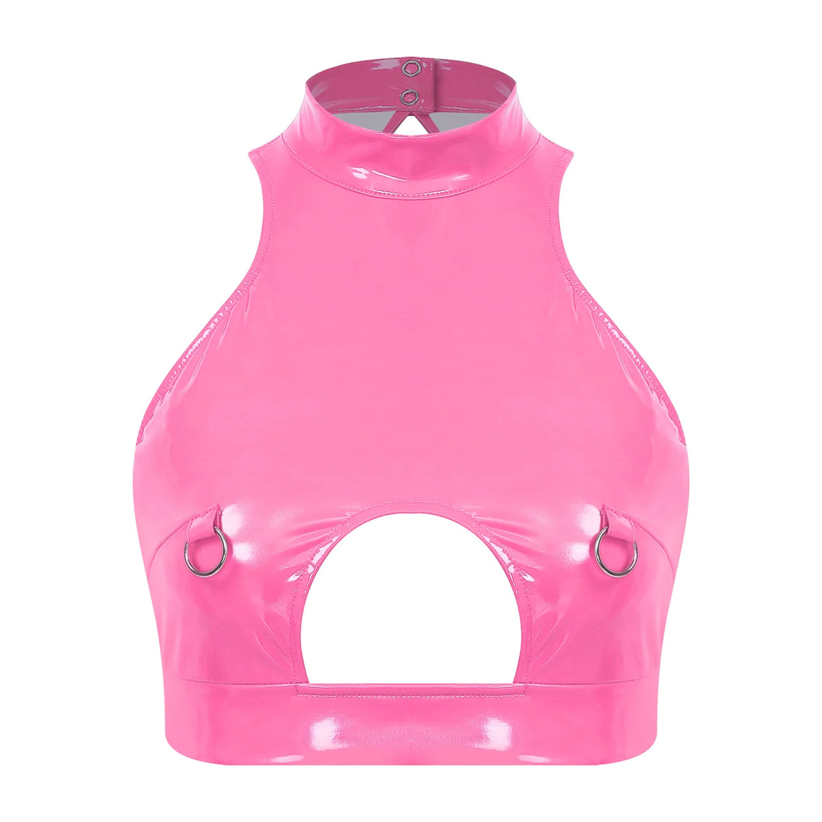 Glossy PU O-Ring Crop Camisole - Cutout Backless Rave Tank Top