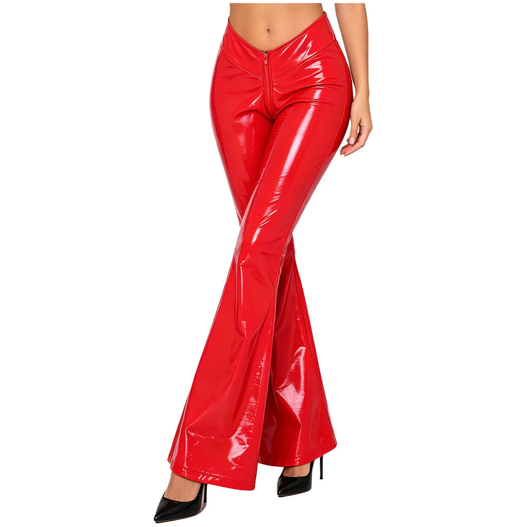 Women's Glossy PU Flare Bell-Bottom Pants - V-Waist Rave Clubwear