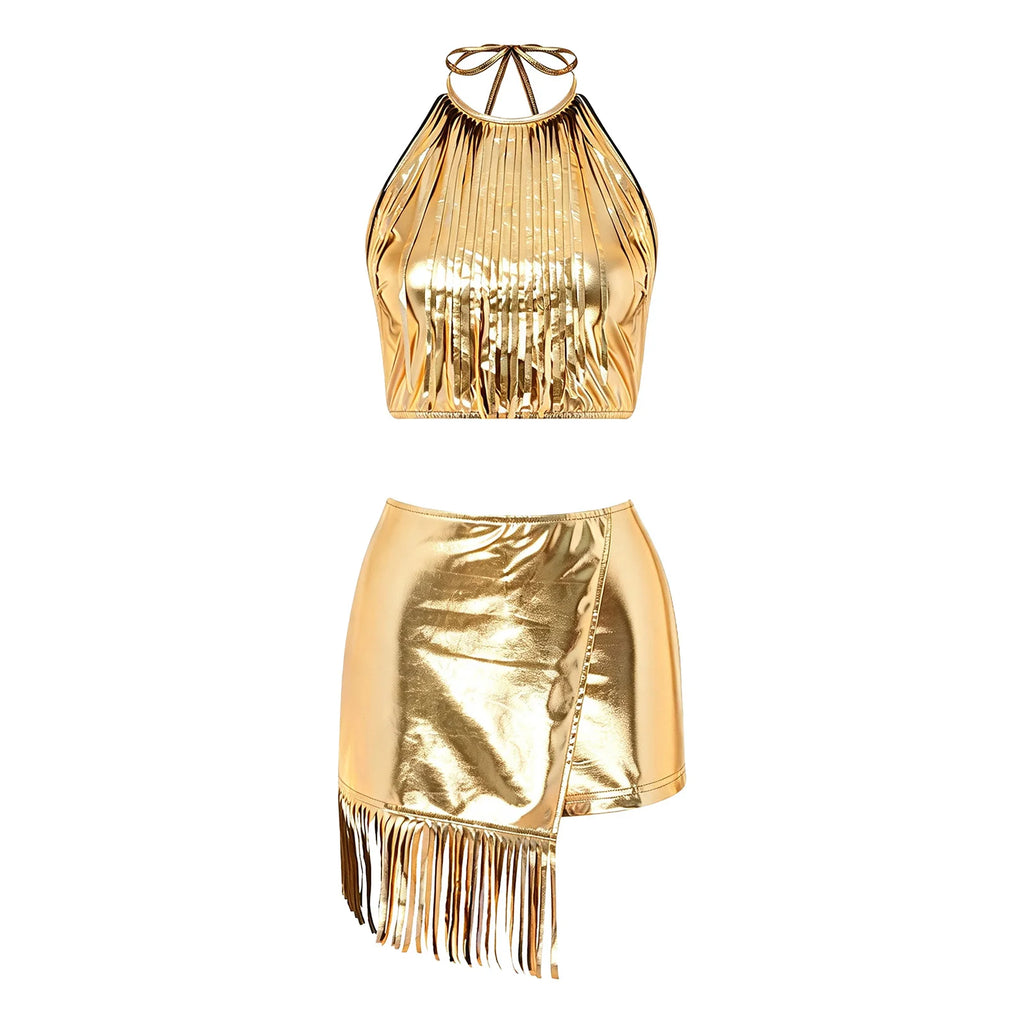 Women's Holographic Fringe 2-Piece Rave Outfit - Halter Set