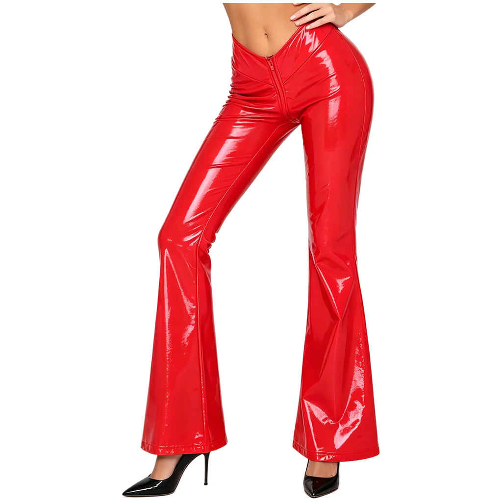 Women's Glossy PU Flare Bell-Bottom Pants - V-Waist Rave Clubwear