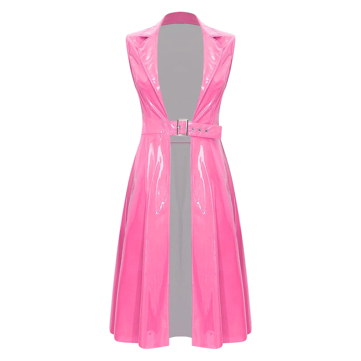 Glossy PU Leather Trench Coat with Belt - Open-Front Overcoat