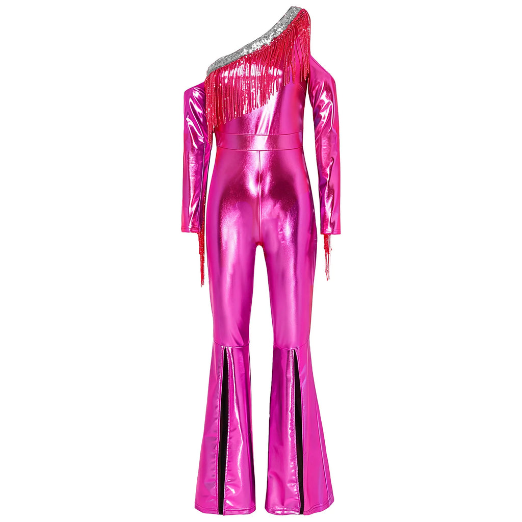 Women's Metallic Sequin Fringe Flare Jumpsuit - One-Shoulder Retro Disco