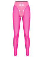 Y2K Glossy PU Leather Pants Set - Lace-Up Top & Sheer Mesh Leggings