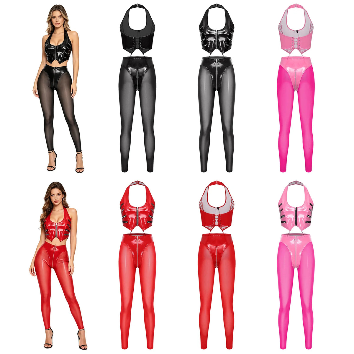 Y2K Glossy PU Leather Pants Set - Lace-Up Top & Sheer Mesh Leggings