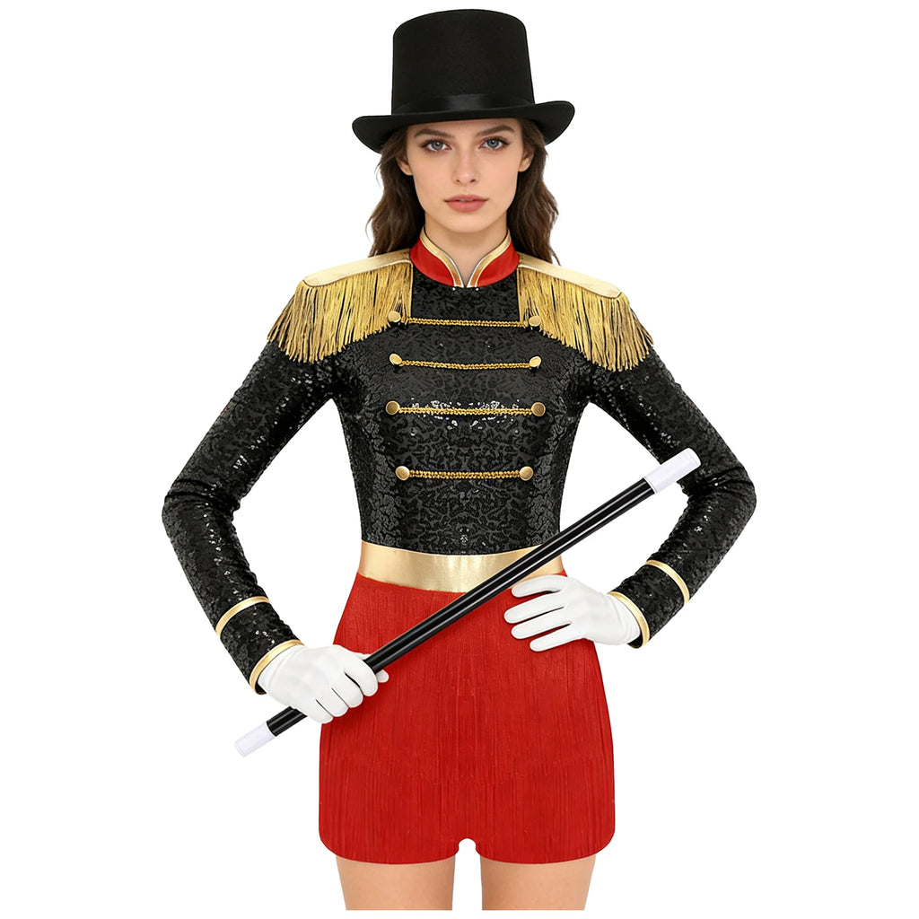 Circus Ringmaster Majorette Costume Set - Sequined Bodysuit with Hat & Wand