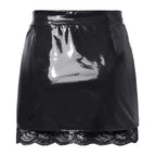 Glossy PU Leather High-Waist Miniskirt - Split Hem Floral Lace Skirt