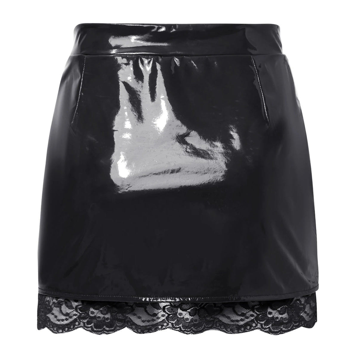 Glossy PU Leather High-Waist Miniskirt - Split Hem Floral Lace Skirt