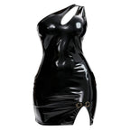 Women's One-Shoulder Cutout Glossy PU Leather Mini Dress | Split Hem Clubwear