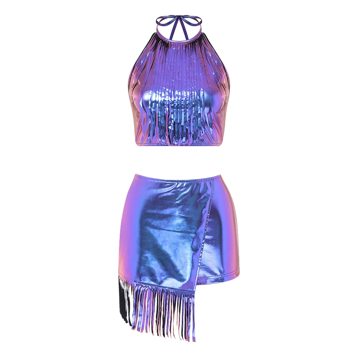 Women's Holographic Fringe 2-Piece Rave Outfit - Halter Set