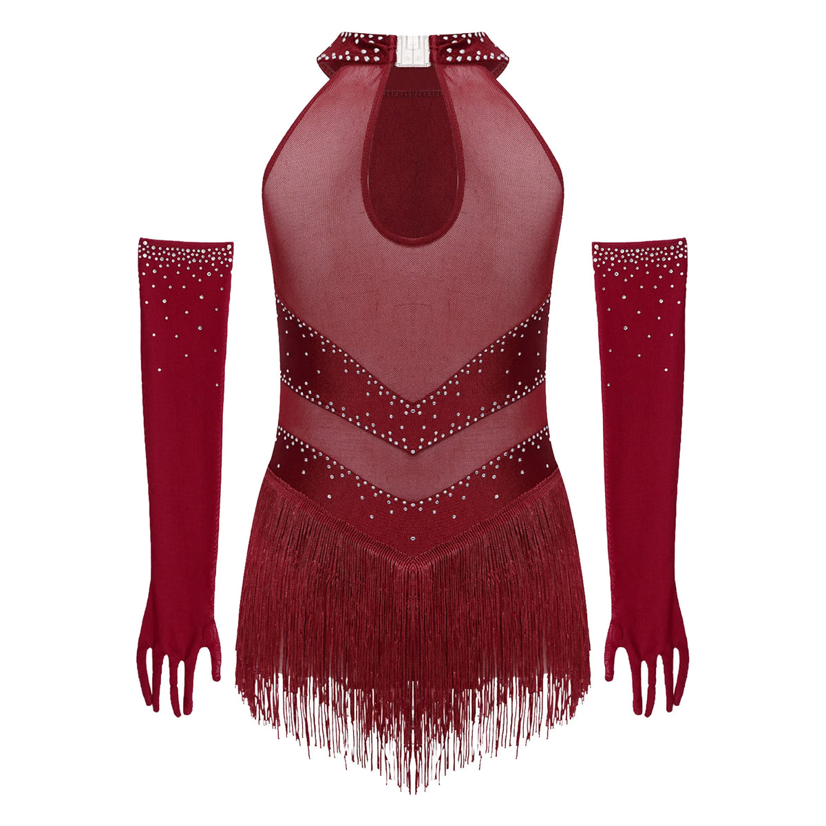 Girls Rhinestone Figure Skating Leotard - Fringe Dress with Gloves