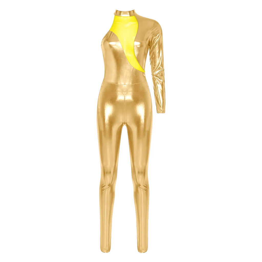 Women's Holographic Mesh Asymmetric Jumpsuit - One-Sleeve Catsuit