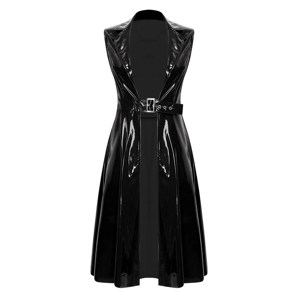 Glossy PU Leather Trench Coat with Belt - Open-Front Overcoat