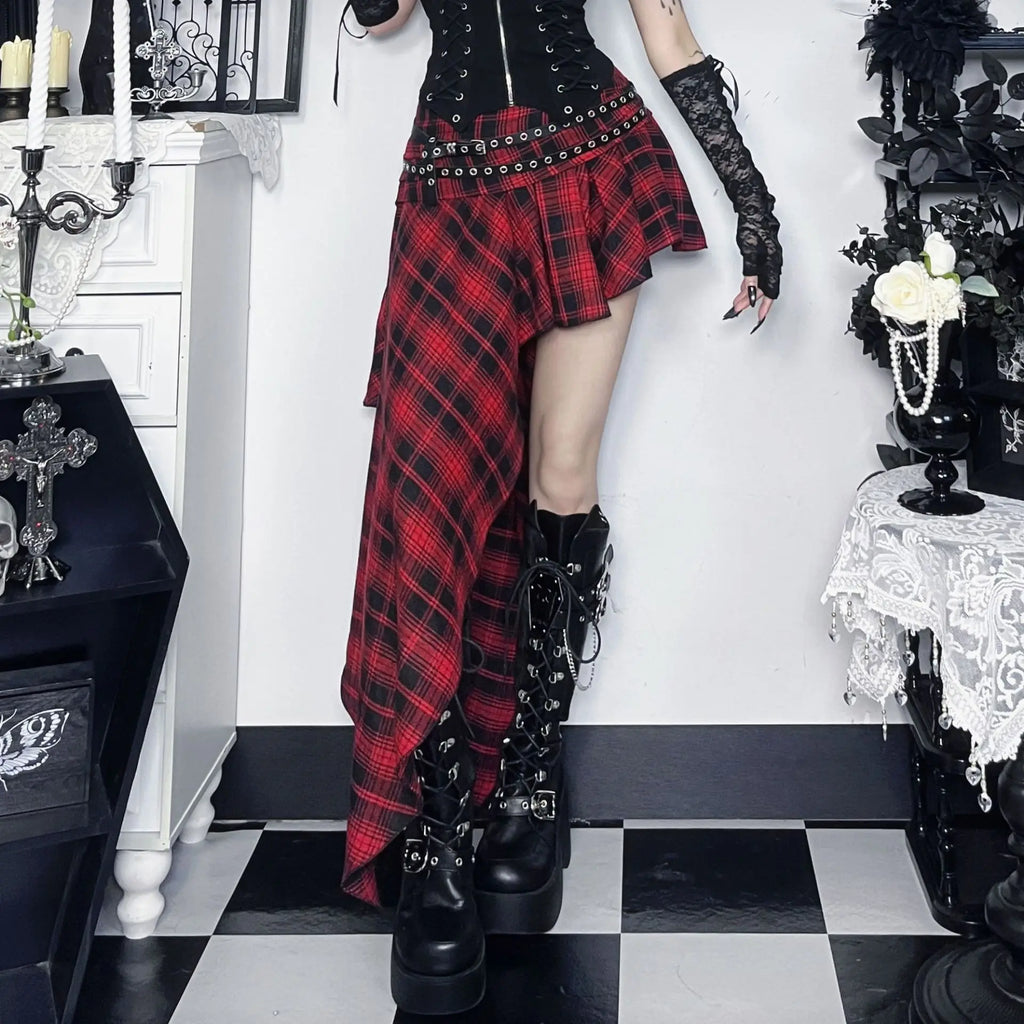 Dark Mall Goth Plaid Asymmetrical Belted Mini Skirt