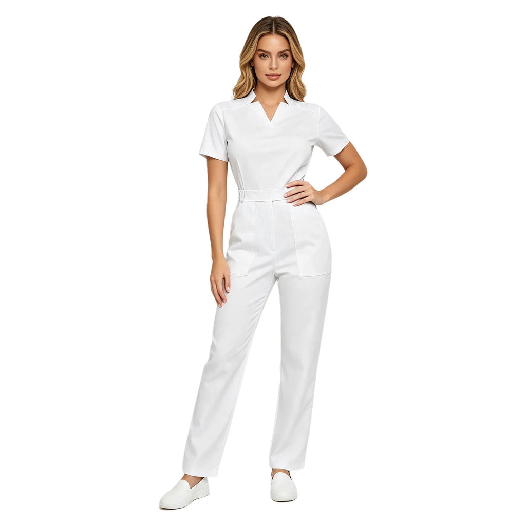 Women's Professional Scrub Jumpsuit - V-Neck Multi-Pocket Uniform