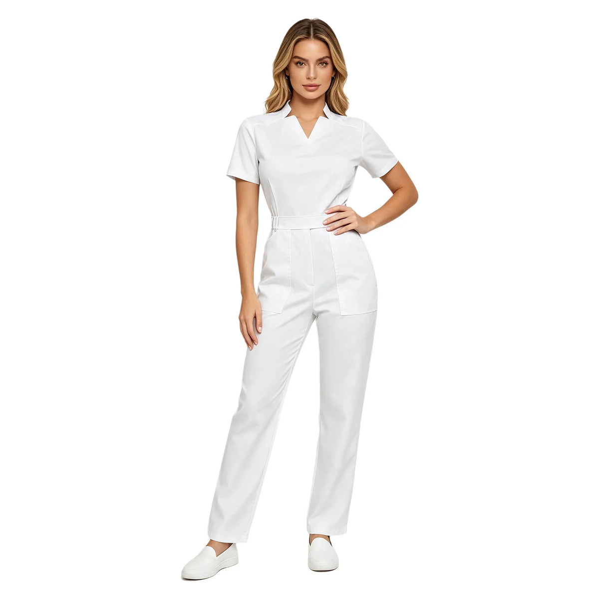 Women's Professional Scrub Jumpsuit - V-Neck Multi-Pocket Uniform