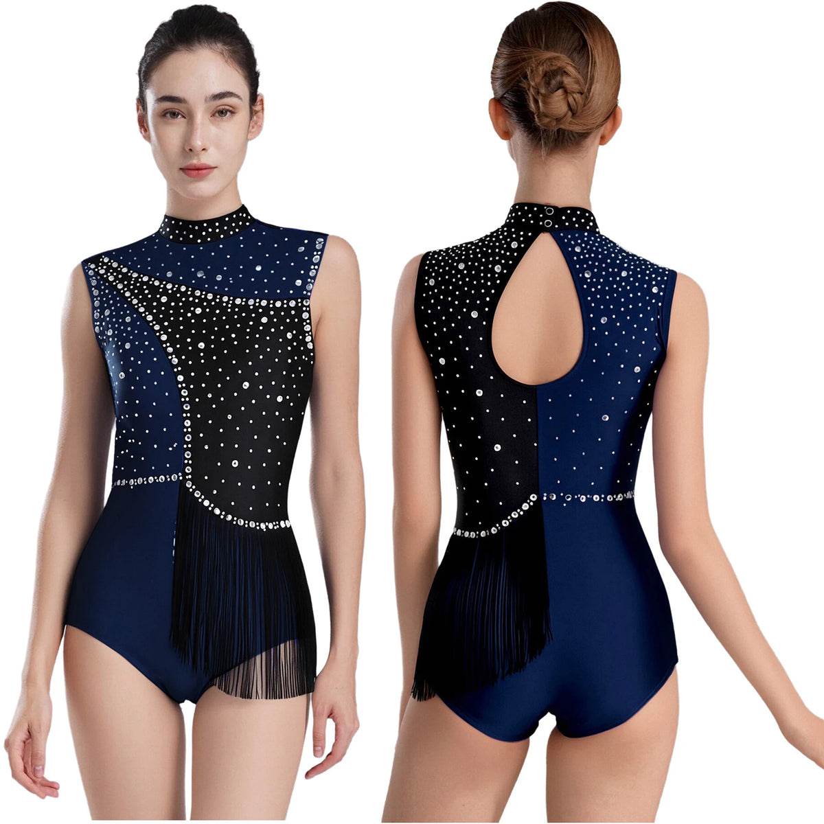 Girls' Rhinestone Skating Leotard Jumpsuit - Back Cutout Tassel