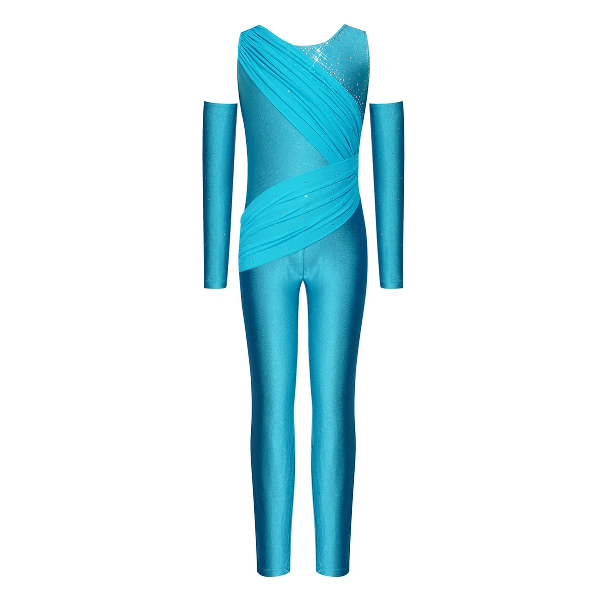 Girls' Sparkle Rhinestone Gymnastics Unitard - Ruched Mesh Jumpsuit