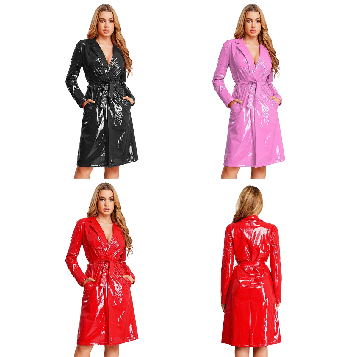Glossy PU Leather Trench Coat with Belt - Open-Front Overcoat
