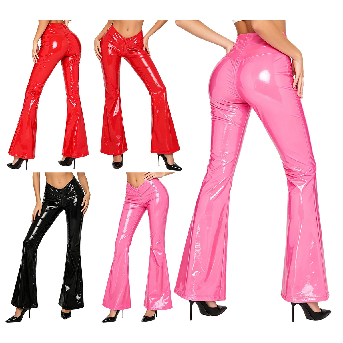 Women's Glossy PU Flare Bell-Bottom Pants - V-Waist Rave Clubwear