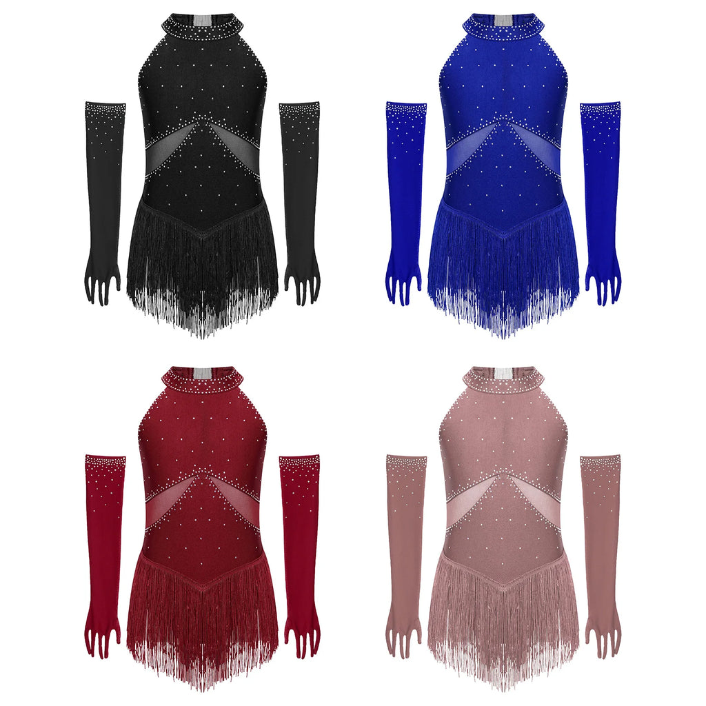 Girls Rhinestone Figure Skating Leotard - Fringe Dress with Gloves