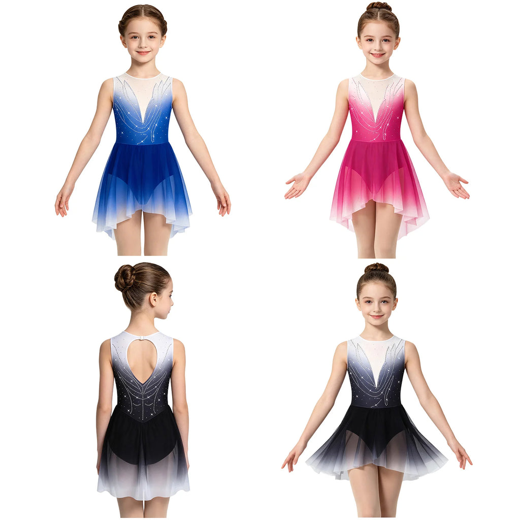 Girls Gradient Rhinestone Figure Skating Ballet Tutu Dress