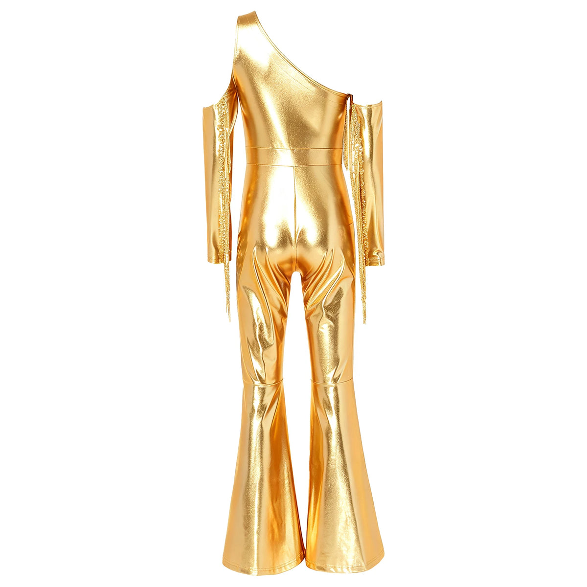 Women's Metallic Sequin Fringe Flare Jumpsuit - One-Shoulder Retro Disco