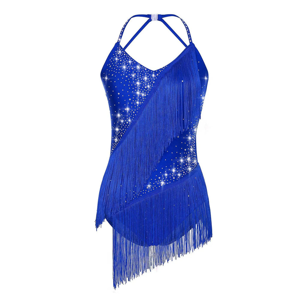 Girls' Rhinestone Skating Leotard Jumpsuit - Back Cutout Tassel