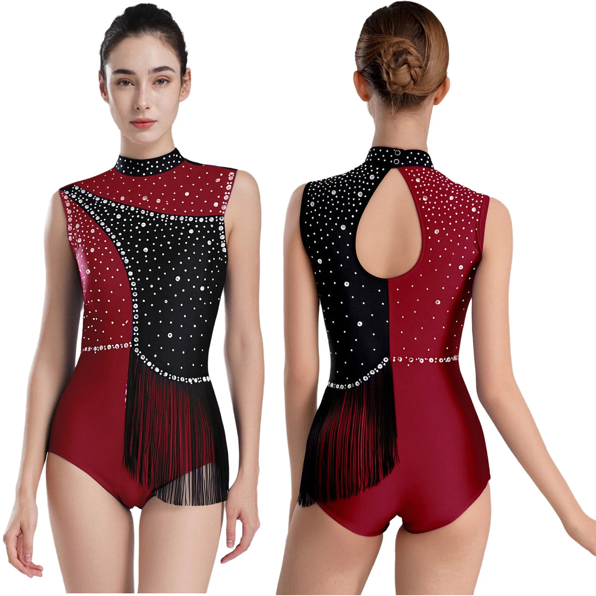 Girls' Rhinestone Skating Leotard Jumpsuit - Back Cutout Tassel