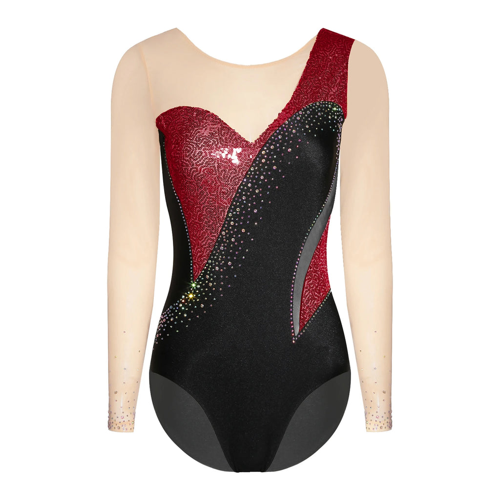 Girls' Rhinestone Skating Leotard Jumpsuit - Back Cutout Tassel