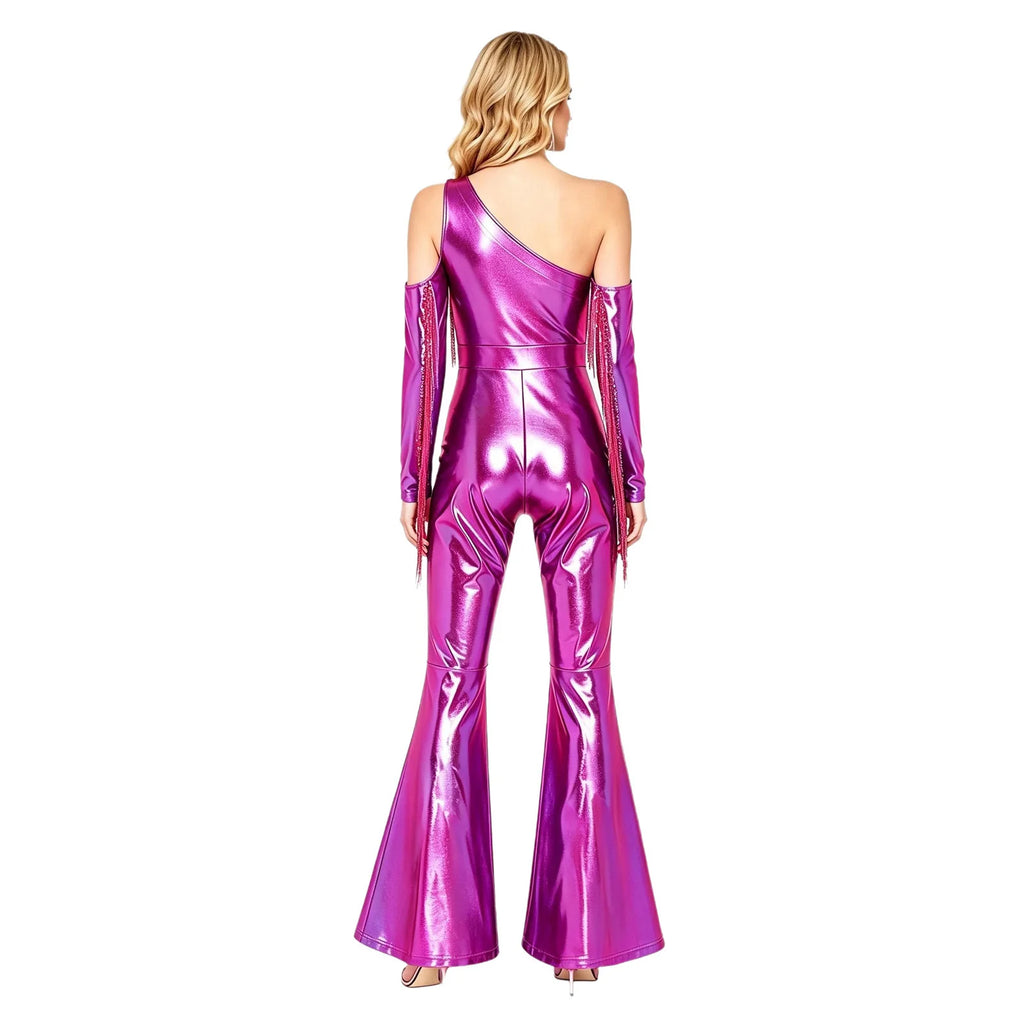 Women's Metallic Sequin Fringe Flare Jumpsuit - One-Shoulder Retro Disco