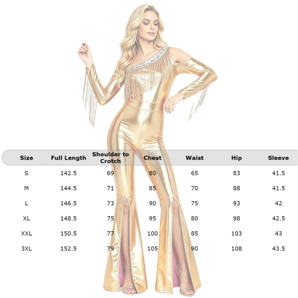 Women's Metallic Sequin Fringe Flare Jumpsuit - One-Shoulder Retro Disco
